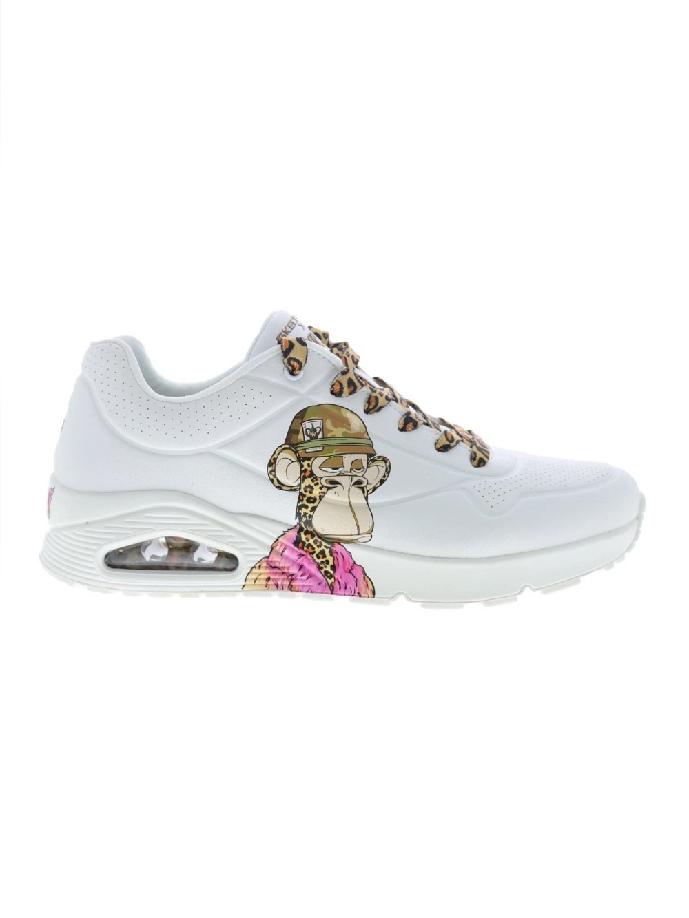 Skechers White Low-Top Sneaker with Leopard Print and Pink Accent Men 7,5